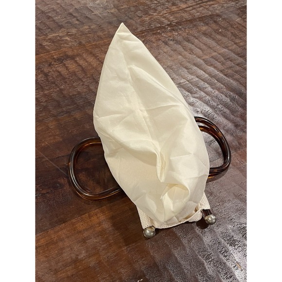 Vintage Crochet Purse Handbag Ivory Knit Brown Tortoise Lucite Handles Lined - Picture 5 of 10